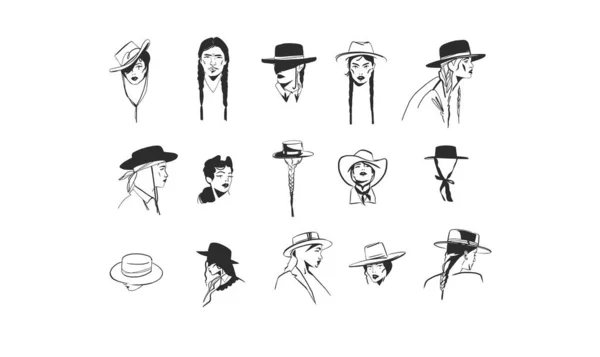 Hand Drawn Abstract Vector Graphic Clipart Illustration Boho Cowgirls Hats — Stockvector