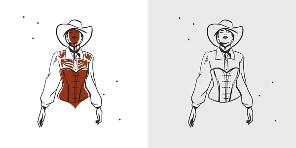 Ručně Kreslené Abstraktní Vektorové Grafické Kliparty Ilustrace Boho Cowgirl Klobouku — Stockový vektor