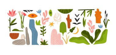 El çizimi vektör çizimi, soyut bohem doğa şekilleri, çiçek ve tropikal yapraklar, modern doğa tasarımları, botanik bahçesi.