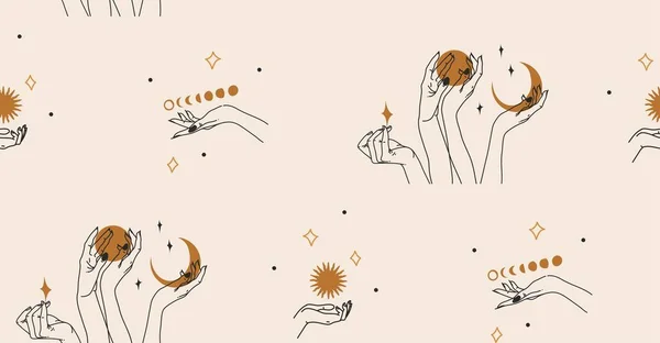 手描きベクトル抽象ストックフラットグラフィックイラストロゴ要素 ボヘミアンマジックラインアート女性の手 三日月 星と月相のシームレスなパターンシンプルなスタイルで 女性占星術 — ストックベクタ