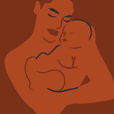 El çizimi vektör soyut düz grafik modern çizgi sanatı, bohem, güzel modern kadın ve kollarında basit moda tarzında bir bebek markalaştırmak için estetik moda çizimi.