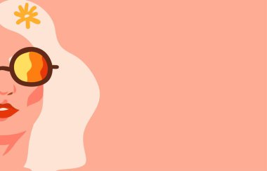 El çizimi vektör soyut düz grafik çizimi retro vinovy hippi 60 'lar, 70' ler boho modern kadın portresi saçında papatya çiçekleri olan arka planda izole edilmiş.