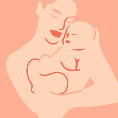 El çizimi vektör soyut düz grafik modern çizgi sanatı, bohem, güzel modern kadın ve kollarında basit moda tarzında bir bebek markalaştırmak için estetik moda çizimi.