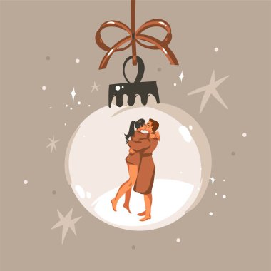 Hand drawn vector abstract graphic Merry Christmas and Happy new year illustration of couple characters.People in snow globe.Merry Christmas cute people card design background.Winter holiday art