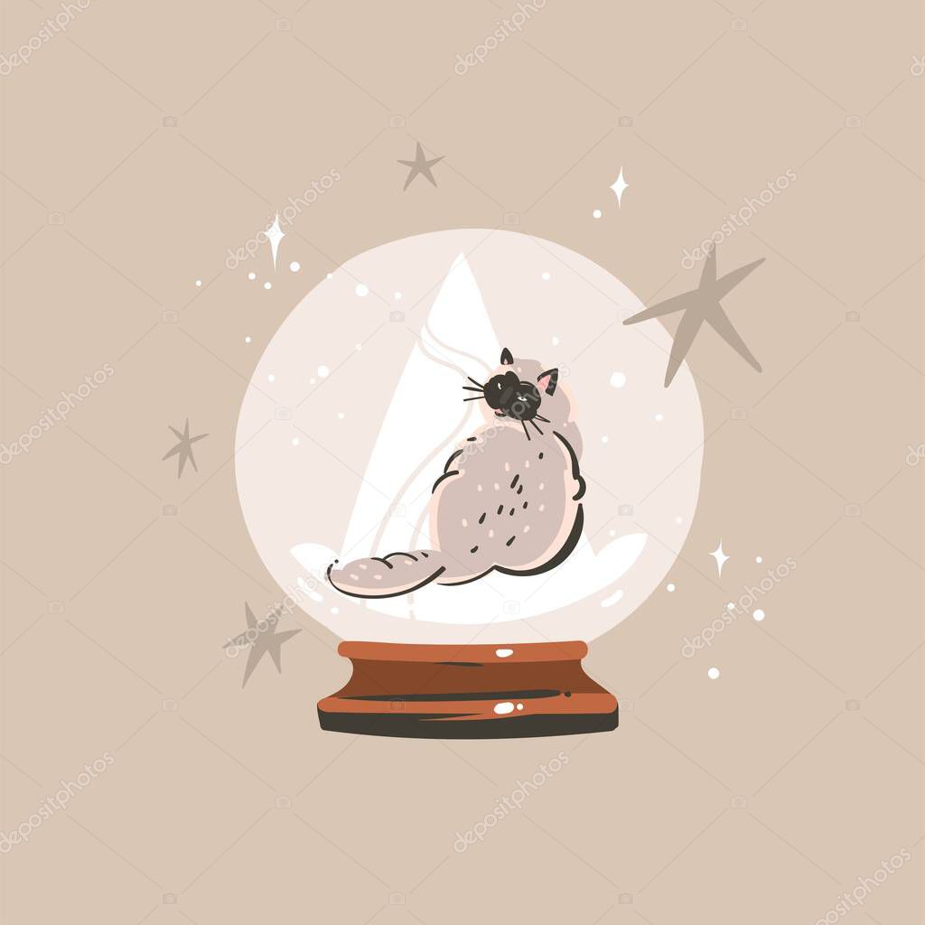 Hand drawn vector abstract graphic Merry Christmas and Happy new year clipart illustration of cat character.Cat in snow globe.Merry Christmas cute animals card design background.Winter holiday art