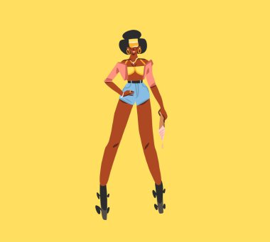 El çizimi vektör soyut düz stok modern grafik çizim karakter genç mutlu retro vintage disko Afrikalı Amerikalı kız paten, 90 klasik baskı konsepti, insanların retro vektör tasarımı