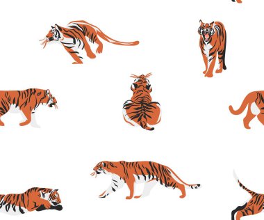 El çizimi vektör soyut çizimi modern grafik çizimleri, vahşi turuncu kaplanlar, ay ve yıldızlar, çizgili dokular. Modern egzotik konsept..