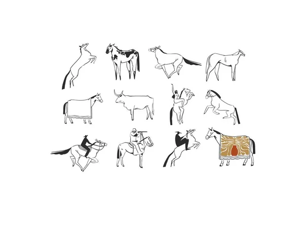 Χειροποίητο Αφηρημένο Διάνυσμα Γραφικό Κλιπ Εικονογράφηση Boho Χώρα Άλογα Ιπποδρομίες — Διανυσματικό Αρχείο
