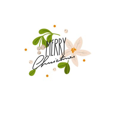 El çizimi vektör soyut mutlu noeller ve mutlu yeni yıl illüstrasyonları çiçekli ve mektuplu tebrik kartı. Mutlu noeller çiçekli kart tasarımı. Kış tatili.