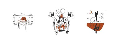 Hand drawn abstract vector graphic clipart illustrations logo set compositions.Wild Western design concept.Bohemian wild west contemporary art.Cowboy modern line art drawing.American cowgirl logo