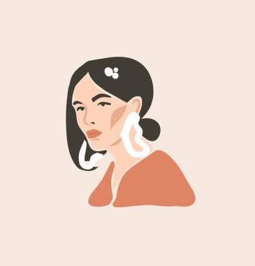 El çizimi vektör soyut düz grafik modern sanat, bohem, güzel modern kadın portresi ile estetik moda illüstrasyonu, basit moda tarzı. Kadın tasarım konsepti sanatı