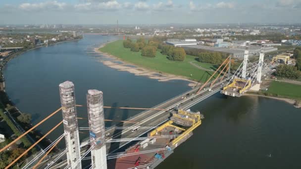 Construcción Nuevo Puente Autopista Sobre Río Rin Renania Del Norte — Vídeo de stock