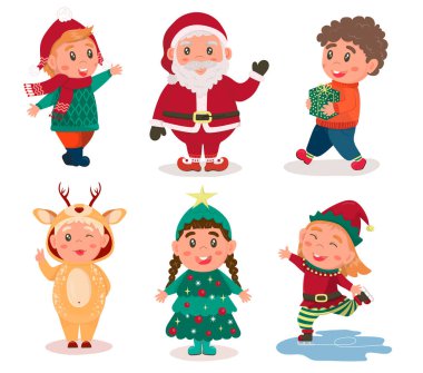 Noel kostümü giymiş şirin çocuklar. Ağaç, geyik, elf. Çocuk hediyeler taşıyor, elini sallıyor, paten kayıyor. Noel Baba. Bir dizi noel karakteri