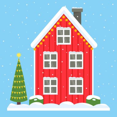 Kırmızı iki katlı ev. Grönland, İzlanda, Kuzey Kutbu, Hollanda. Karla kaplı çatı ve pencereler, yeni yılın dış görünüşü. Bahçedeki Noel ağacı