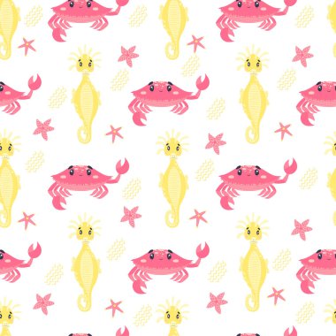 Kusursuz desenli çizgi film sevimli yengeç selamlaşması, sarı denizatı, pembe denizyıldızı, dalgalar, çizgiler. Su altı dünyası.