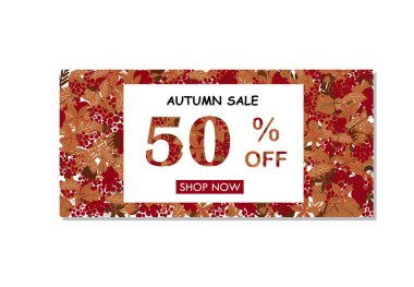 Sonbahar% 50 indirimli arka plan, afiş, poster ya da el ilanı tasarımı. Parlak güzel yaprak çerçevesi ve metni olan vektör illüstrasyonu. Reklam, web, sosyal ve moda reklamları için şablon