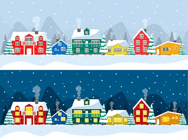 Köyün sıcacık Noel manzarasında karlı bir gece. Kış Noel köyü gece gündüz manzarası. Renkli evler İzlanda, Kuzey Kutbu, Hollanda