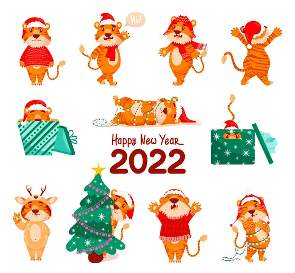 Tatlı kaplan. 2022 yılının sembolü, renkli Çin kaplanları, vektör düz çizgi film seti. Hayvan 2022, Asya yırtıcısı, Orman Canavarı. Noel Baba şapkası, Noel ağacı, bir çelenk, uyuyor, seviniyor, mutlu yeni sen