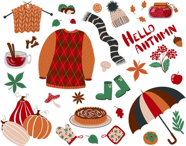 Set Inscription Hello Autumn Sweater Umbrella Pumpkins Chestnut Leaves Oak — Stock Vector