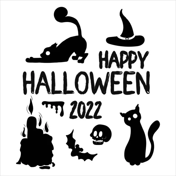 Siyah Beyaz Metin Dikdörtgen Kartı Tatlı Kedilerle Cadılar Bayramı 2022 — Stok Vektör