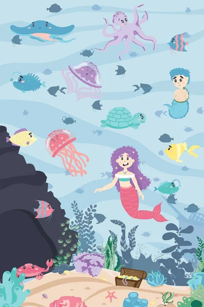 Seabed Fish Cave Sand Mermaid Girl Boy Sunken Ship Treasures — Stock Vector