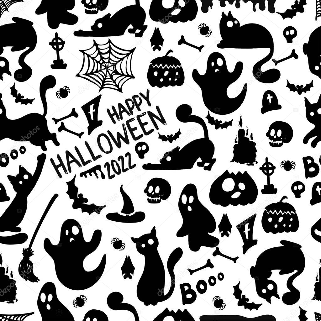 seamless pattern with halloween attributes. ghosts, funny cats, pumpkins, bats, spiders, cobwebs, witch's hat and broom. black and white hand drawing.