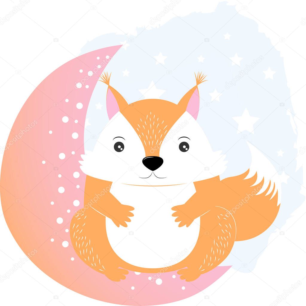 Orange red-haired Squirrel sits on the crescent moon. Drawing for the children's room. Vector illustration of an animal on a white background with stars.childrens poster template, cute animal.