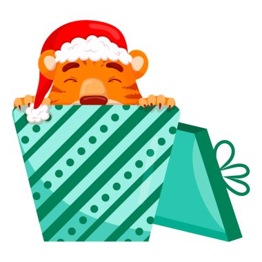 Çizgili, şirin bir kırmızı kaplan. Noel şapkalı bir kaplan hediye kutusundan dışarı bakar. Çocuk tişörtleri, kartlar, posterler. El çizimi vektör çizimi beyaza izole edildi.