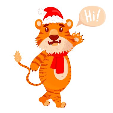 Çizgili, şirin bir kırmızı kaplan. Noel şapkalı kaplan elini sallıyor. Çocuk tişörtleri, kartlar, posterler. El çizimi vektör çizimi beyaza izole edildi.