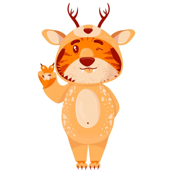 Cute Cartoon Striped Red Tiger Tiger Dressed Deer Winks Shows — Stock Vector