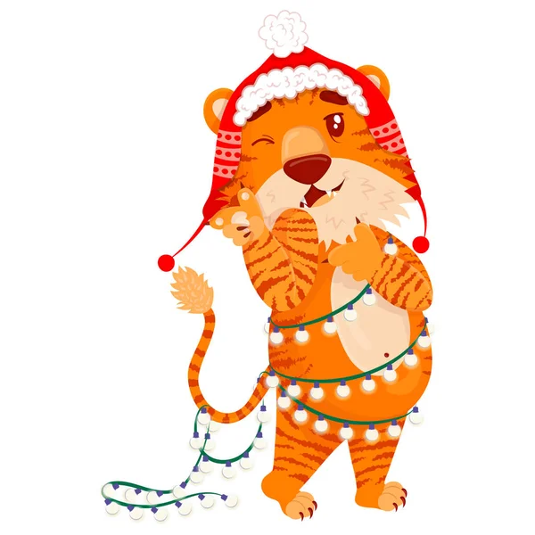 Cute Cartoon Striped Red Tiger Tiger Christmas Hat Garland Winks — Stock Vector
