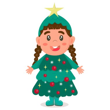 Noel ağacı gibi giyinmiş at kuyruklu kız. Noel karakteri. beyaz arkaplanda izole