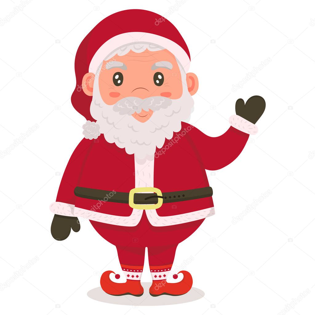cartoon cute santa claus standing and waving hand. cute old man. isolated on white background