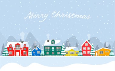 Köyün sıcacık Noel manzarasında karlı bir gün. Kış Noel Köyü manzarası. Renkli evler İzlanda, Kuzey Kutbu, Hollanda. Üzerinde 