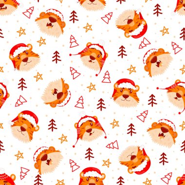 Noel kaplanlarının kafasında kusursuz desen var. Çin Yeni Yıl sembolü. Düz çizgi film tarzı. farklı duygu ve duruşlar