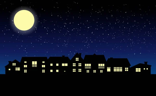 Gece gökyüzü arkaplanında gökyüzü silueti. Siyah evler siluetleri. Mobil konsept ve web uygulaması için bina simgesi. Konut mülkü dış görünümü. 