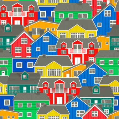 Norwegian colorful houses set hand drawn seamless vector pattern. Country houses wrap, rustic style design. Background of the northern city. Printable decorative wallpaper clipart