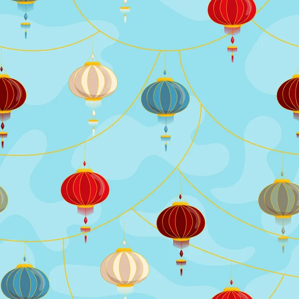 Bezešvé Vzor Čínských Luceren Pozadí Oblohy Plochém Stylu Ručně Kreslený — Stockový vektor