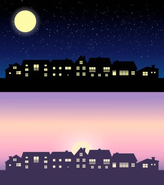 Gece ve gündüz ufuk çizgisi silueti. Siyah evler siluetleri. Mobil konsept ve web uygulaması için bina simgesi. Konut mülkü dış görünümü. 
