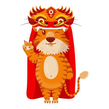 Yeni yıl karnaval ejderhası kostümlü şirin Çin kaplanı. Sembol 2022