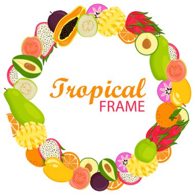 Egzotik meyveli tropik Hawaii yuvarlak çerçevesi. Şablon tasarımı..
