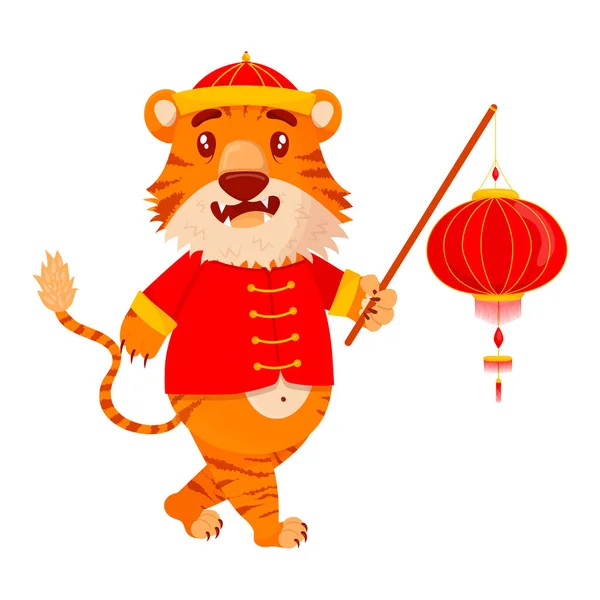Милый Китайский Тигр Национальном Новогоднем Костюме Носит Фонарь Символ 2022 — стоковый вектор