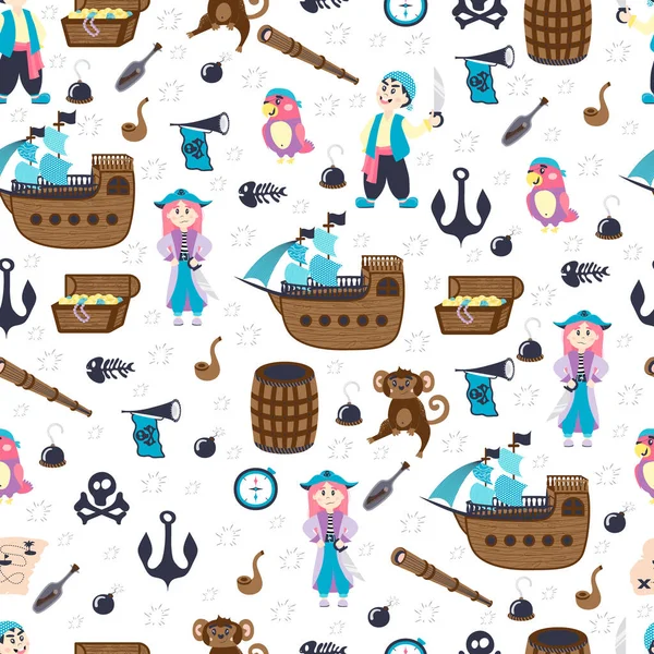 Çizgi filmlerdeki kusursuz desenler küçük korsanlar, papağanlar, trompet, tantana, gemi, bayraklar, kafatası, kemikler, balık iskeleti, bomba ve çapa