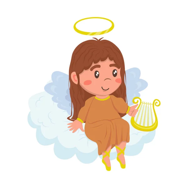 Little Cute Angel Girl Pomarańczowej Sukience Siedzi Chmurze Harfą Stylu — Wektor stockowy