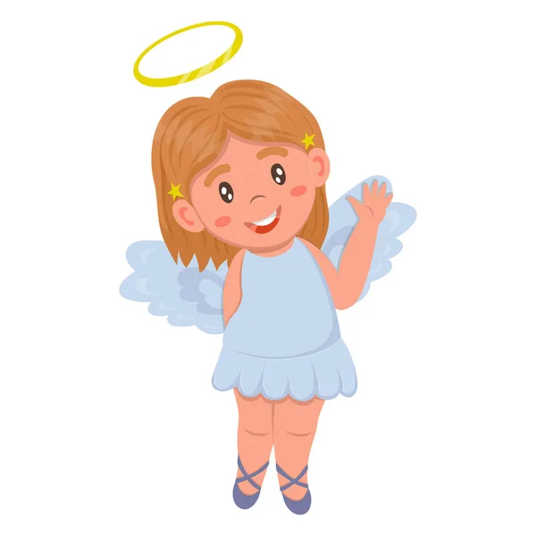 Little Cute Angel Girl Stylu Kreskówki Niebieską Sukienkę Złotą Aureolę — Wektor stockowy
