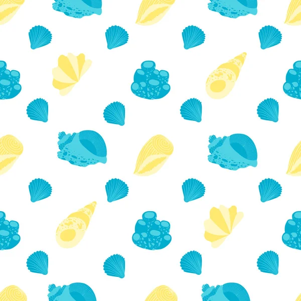 Seamless Pattern Yellow Blue Seashell Coral Underwater World — Stock Vector