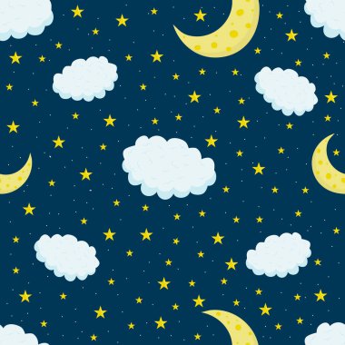 Seamless pattern with blue sky background, moon, stars n cartoon flat style. Goodnight. Endless texture for fabric 