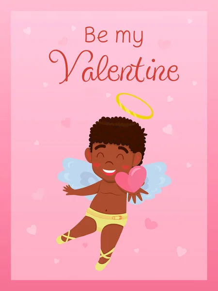 Valentine Day Card Little Angel Boy Holding Out Heart Relationship — Stock vektor