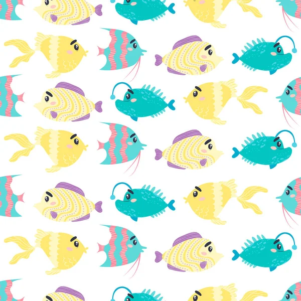 Bezešvé Vzor Kreslené Barevné Ryby Podvodní Život — Stockový vektor