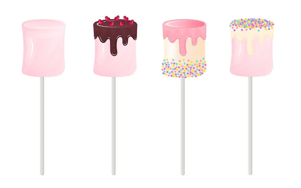 Coleção Deliciosos Marshmallows Bonitos Paus Cobertura Chocolate Polvilhas Estilo Plano — Vetor de Stock